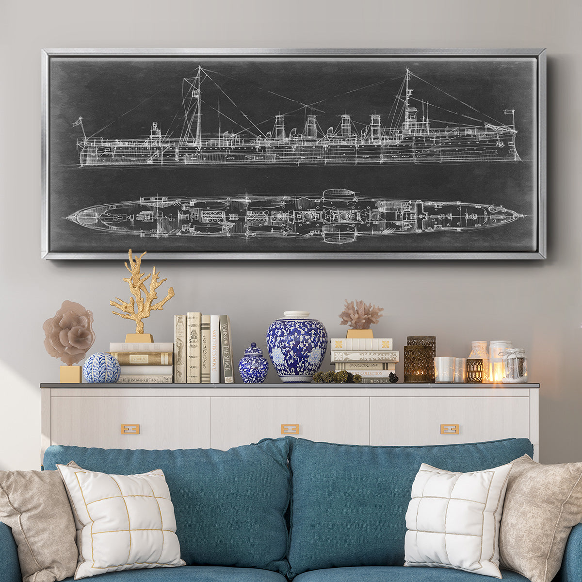 Navy Cruiser Blueprint - Floater Framed Canvas Print