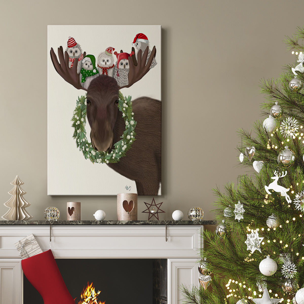 Christmas Moose and Christmas Owls - Gallery Wrapped Canvas