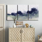 Three-panel canvas wall art featuring misty abstract lake watercolor, displayed above a cabinet in an entryway.