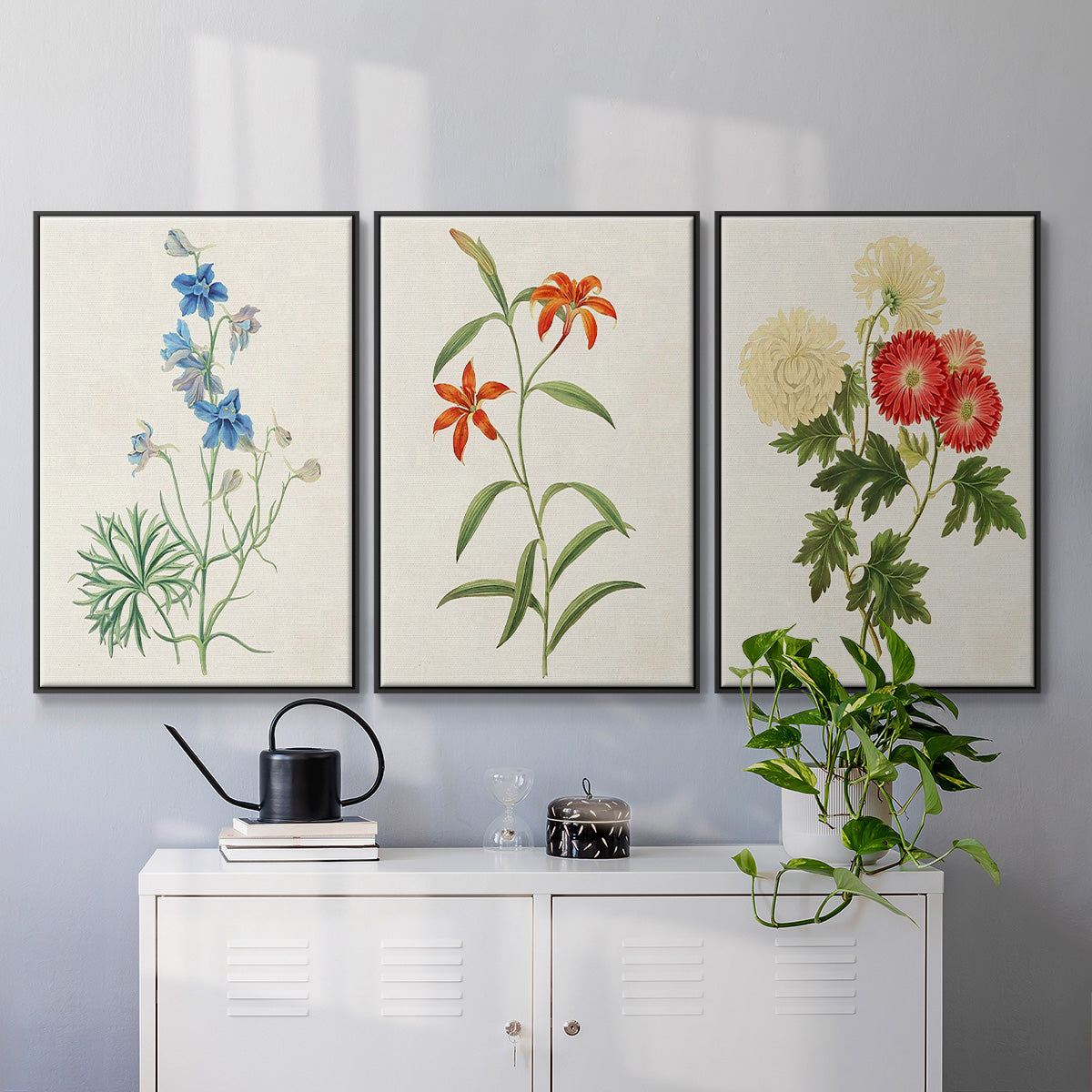 Flowers of the Seasons I - Framed Premium Gallery Wrapped Canvas L Frame 3 Piece Set - Ready to Hang