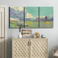 Three-panel canvas wall art featuring road stretching through open countryside, displayed above a cabinet in an entryway.