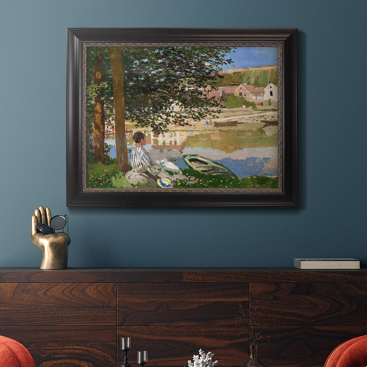 On the Bank of the Seine, Bennecourt - Ornate Framed Canvas Print