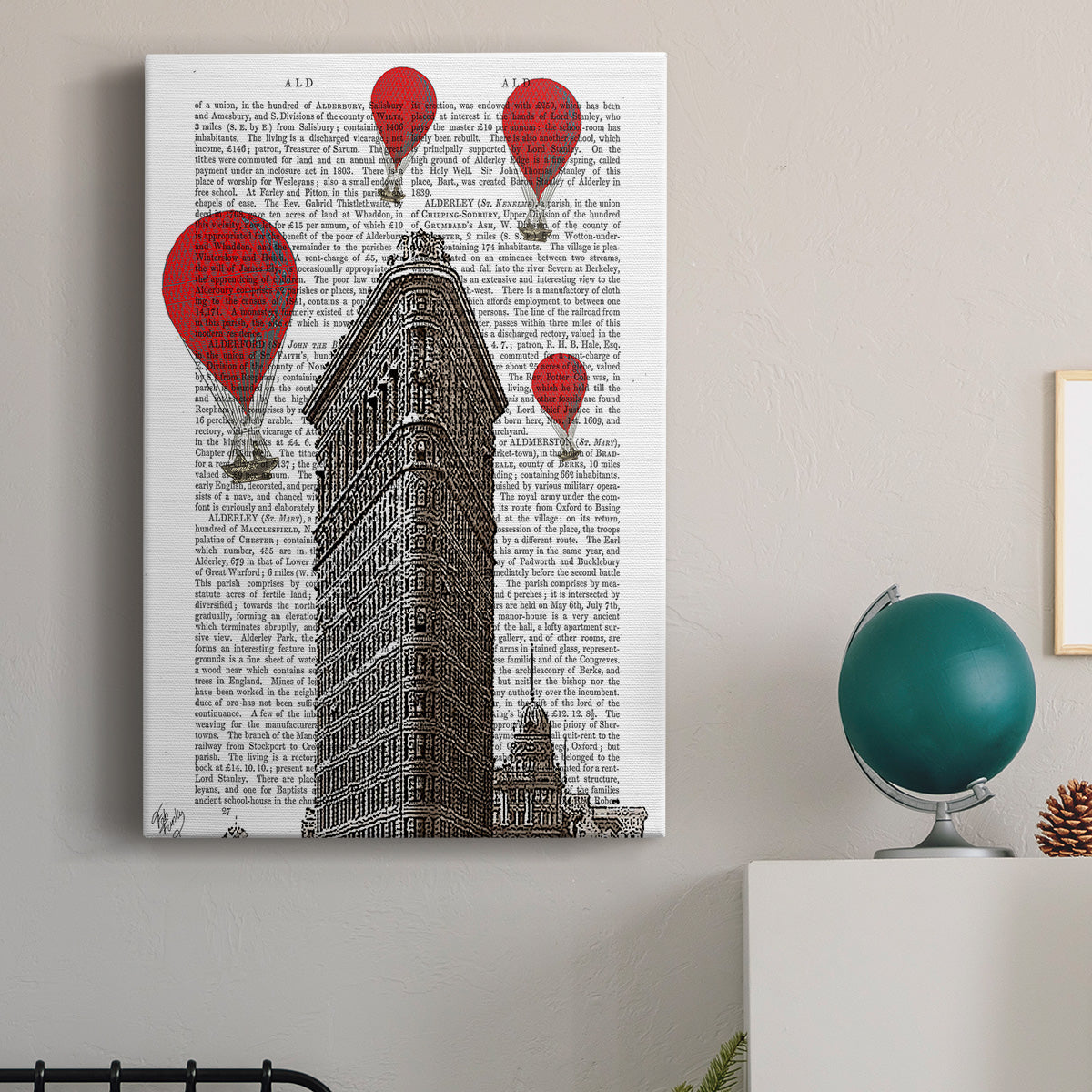 Flat Iron Building and Red Hot Air Balloons Premium Gallery Wrapped Canvas - Ready to Hang