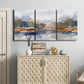 Three-panel canvas wall art featuring layered abstract mountain forms, displayed above a cabinet in an entryway.