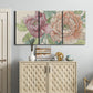 Three-panel canvas wall art featuring pastel peony flower composition, displayed above a cabinet in an entryway.