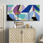 Three-panel canvas wall art featuring colorful abstract homage to modernism, displayed above a cabinet in an entryway.