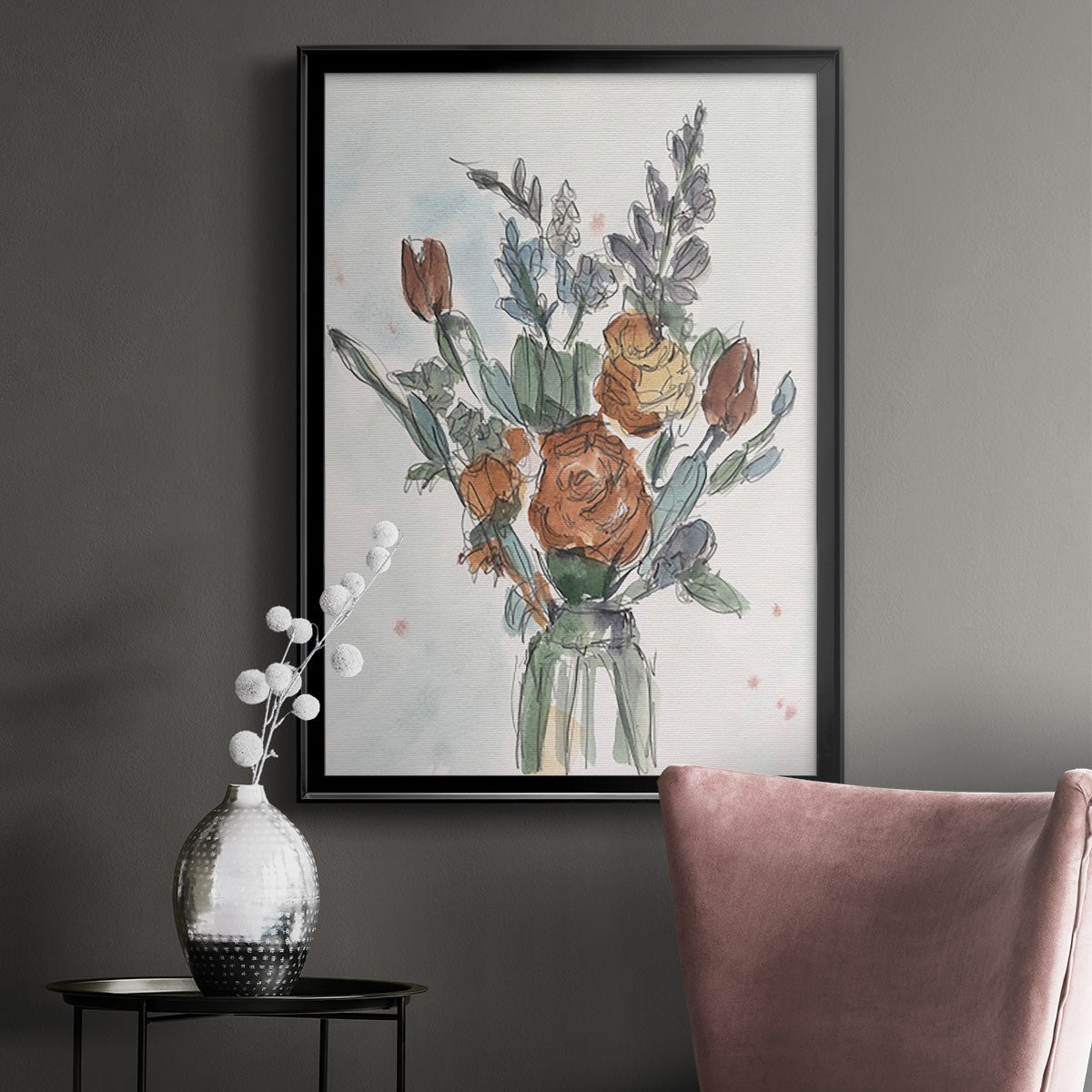 Watercolor Floral Arrangement II - Modern Framed Canvas Print