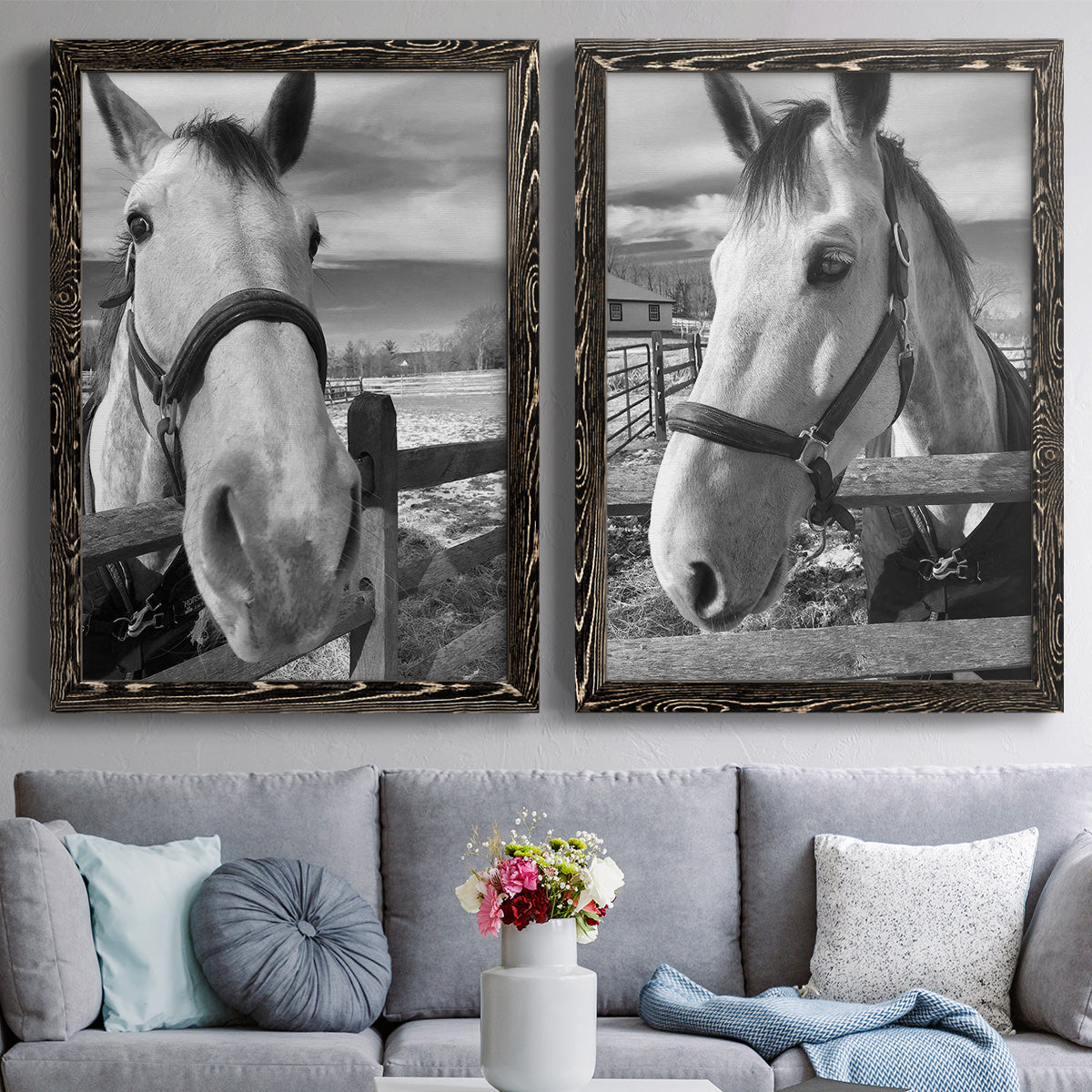 Set of two black barnwood framed canvas prints depicting paired modern equestrian photography with bridled faces, wooden rails, and softly blurred farm backgrounds above a sofa in a contemporary living room.