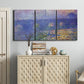 Three-panel canvas wall art featuring overcast bridge above river, displayed above a cabinet in an entryway.