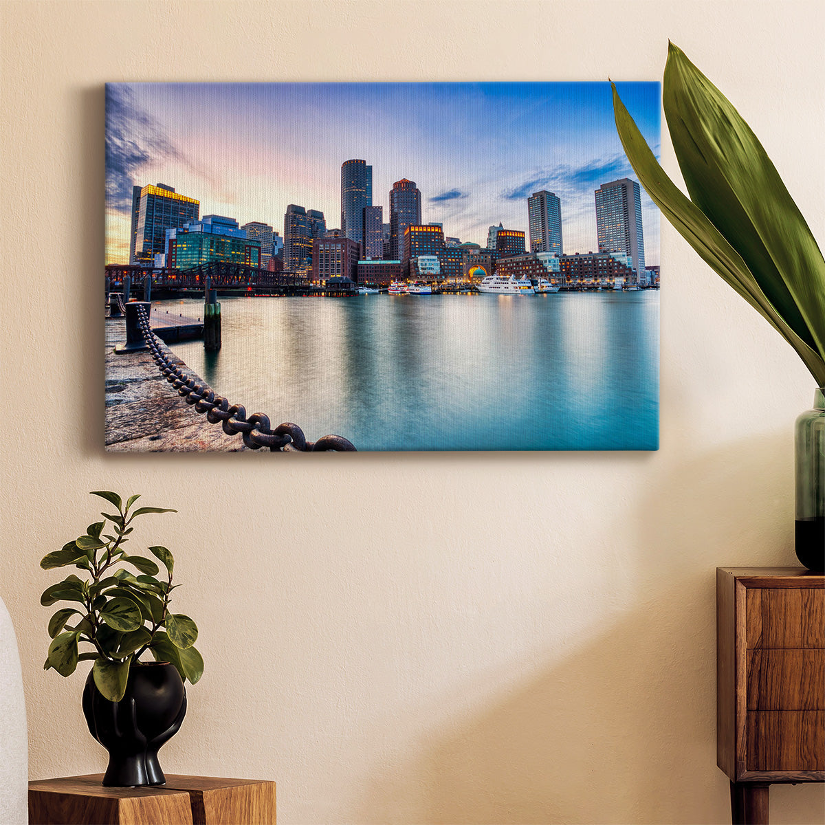 Boston Skyline with Financial District and Boston Harbor at Sunset - Canvas Art Print