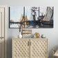 Three-panel canvas wall art featuring fishing boats navigating open water, displayed above a cabinet in an entryway.