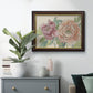 Modern peony floral drawing in an ornate mahogany wood frame with gold liner displayed in a dark-toned interior setting.