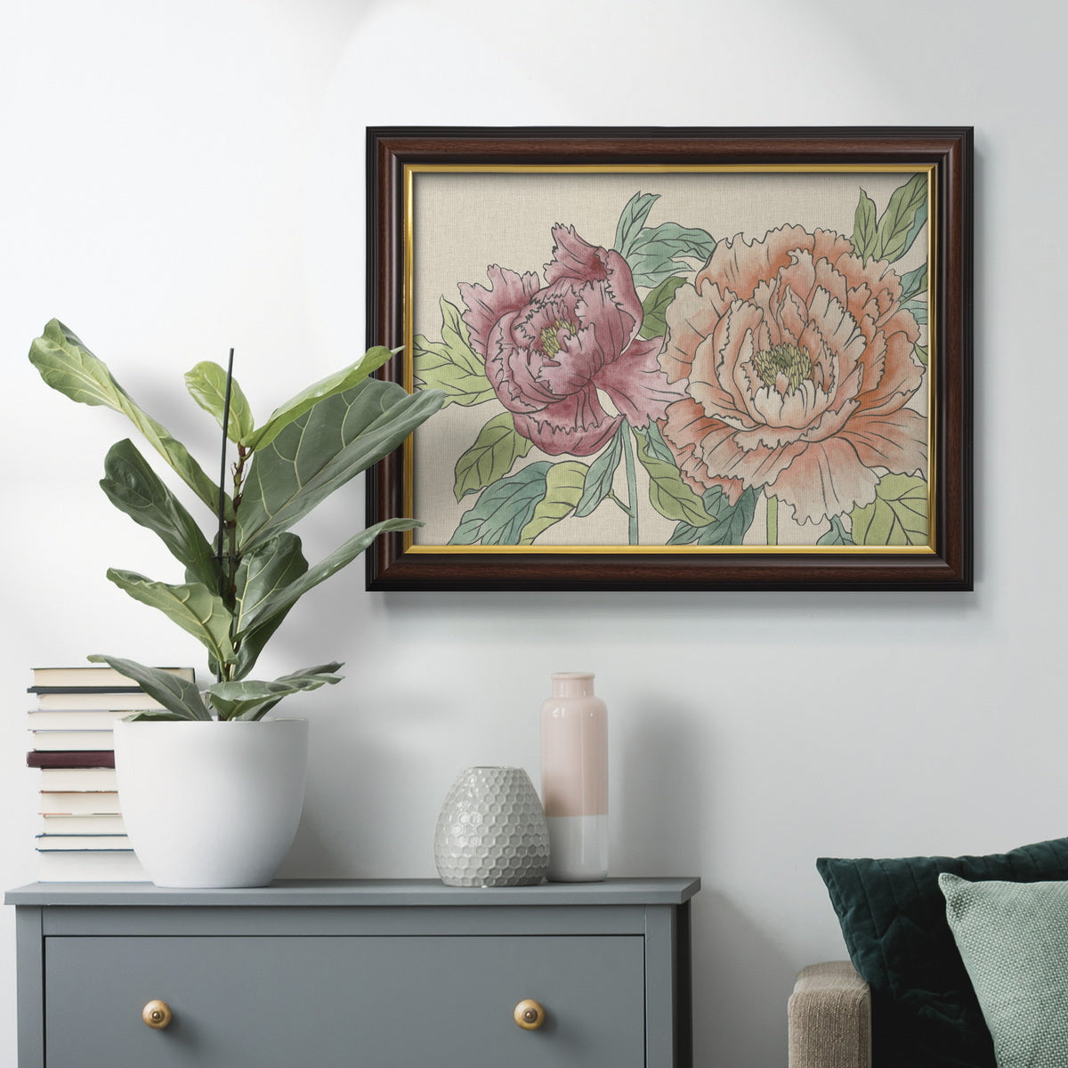 Modern peony floral drawing in an ornate mahogany wood frame with gold liner displayed in a dark-toned interior setting.
