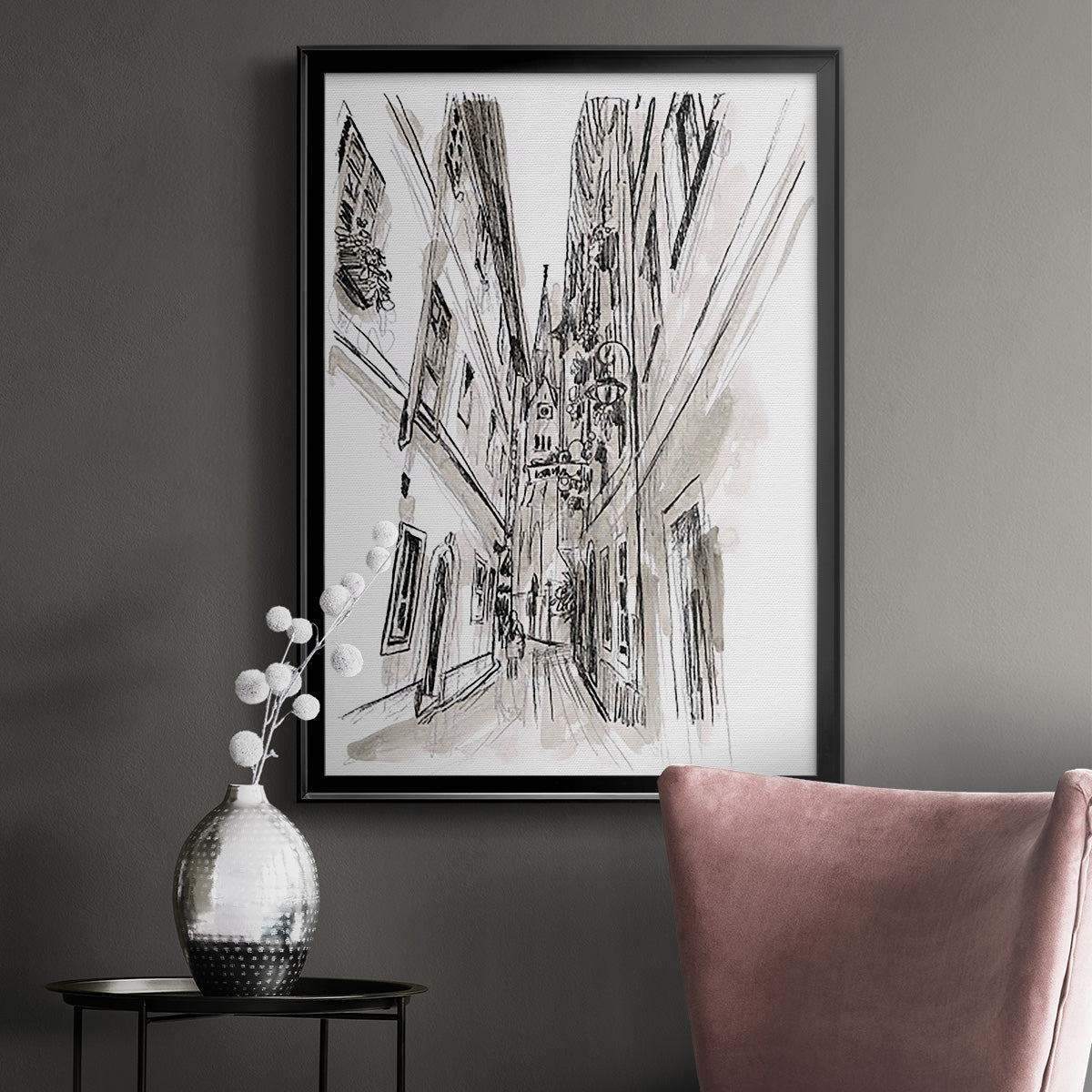 Europe Street Sketches III - Modern Framed Canvas Print