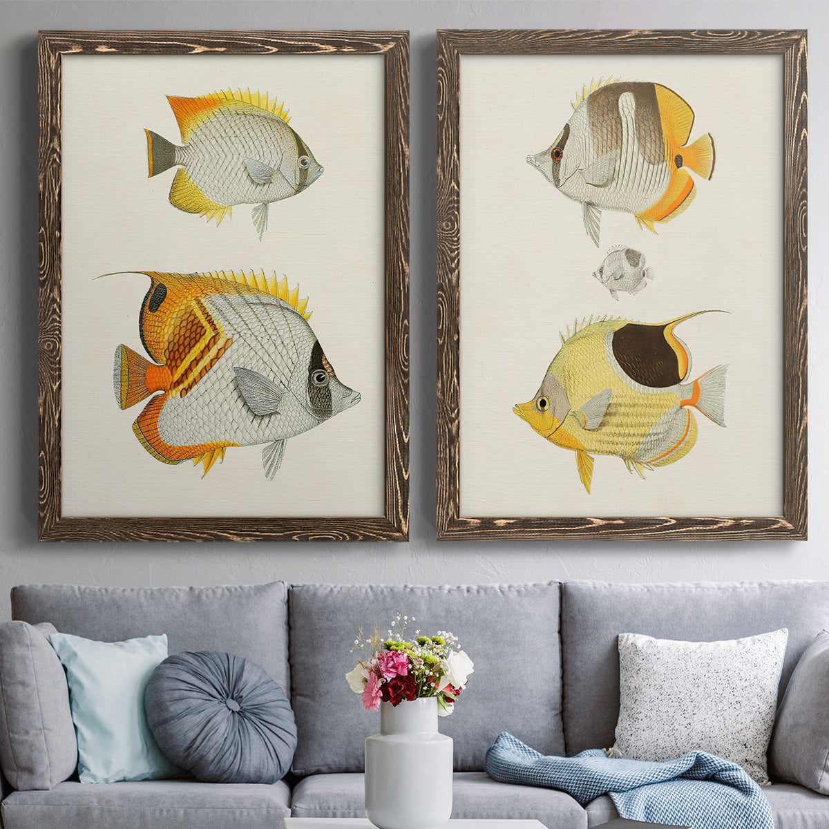 Yellow & Grey Fish I - Premium Framed Canvas 2 Piece Set - Ready to Hang