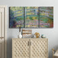 Three-panel canvas wall art featuring water lilies with arched bridge, displayed above a cabinet in an entryway.