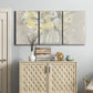 Three-panel canvas wall art featuring vintage floral abstract composition, displayed above a cabinet in an entryway.