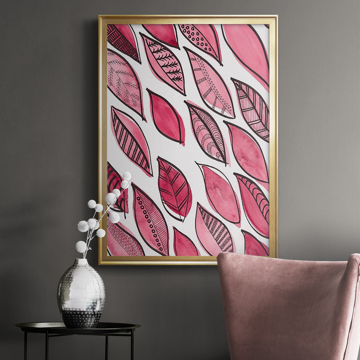 Patterned Leaf Shapes III - Modern Framed Canvas Print