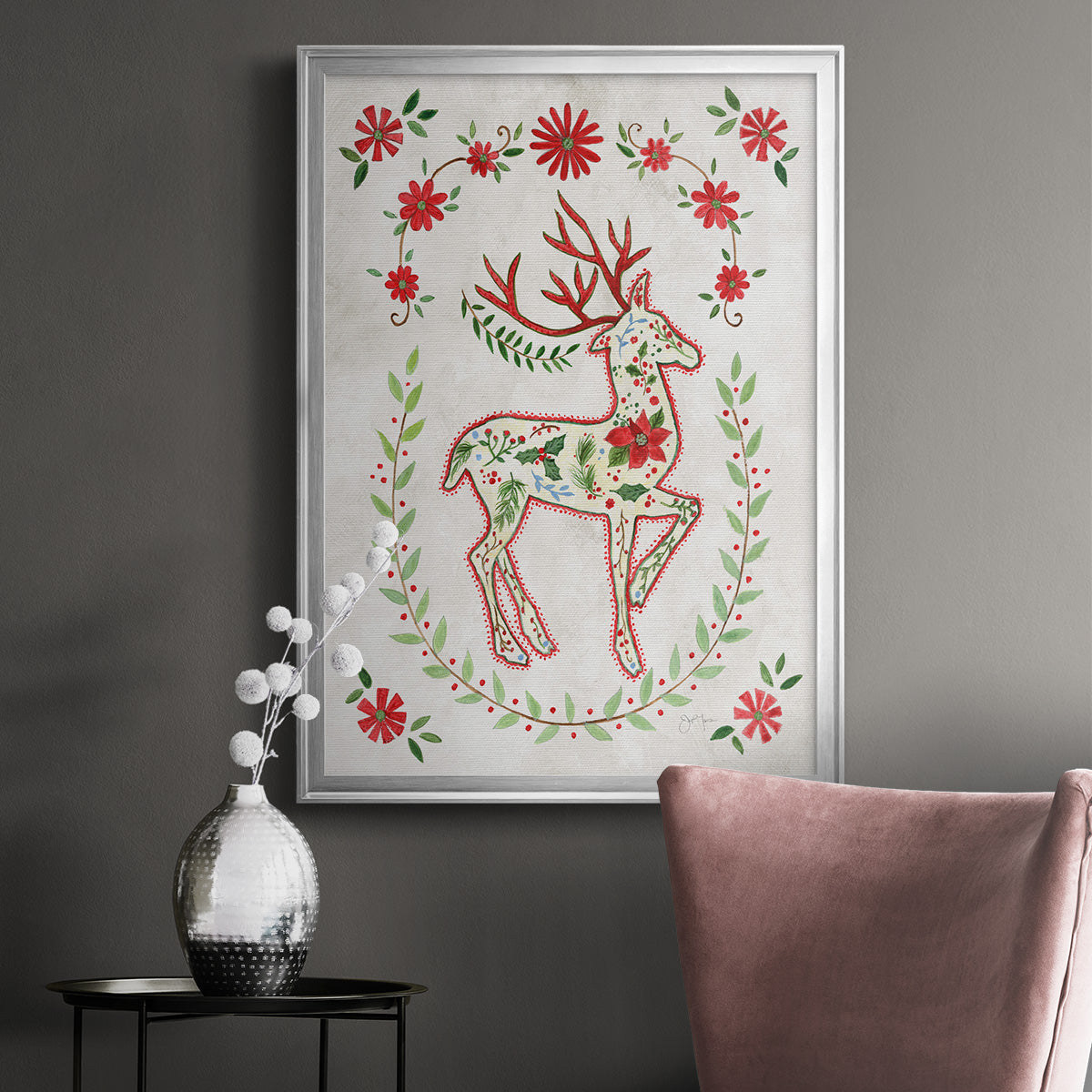 Christmas Folk Reindeer - Modern Framed Canvas Print