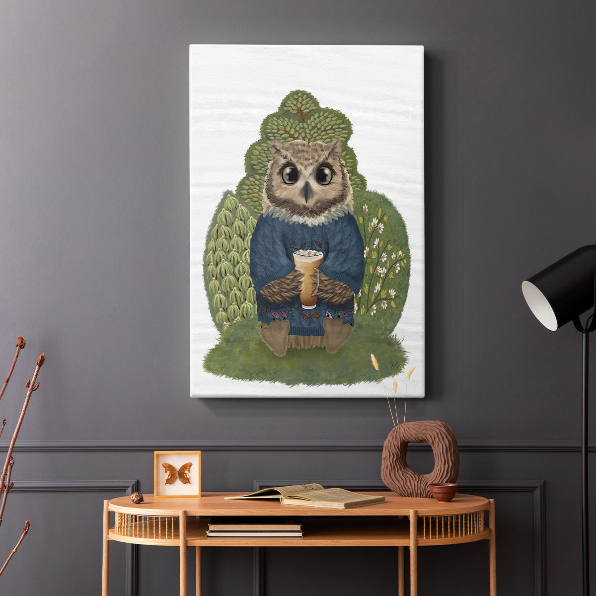 Latte Owl in Sweater - Canvas Art Print