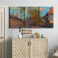 Three-panel canvas wall art featuring wooded stream landscape, displayed above a cabinet in an entryway.