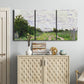 Three-panel canvas wall art featuring spring landscape with blossoming trees, displayed above a cabinet in an entryway.