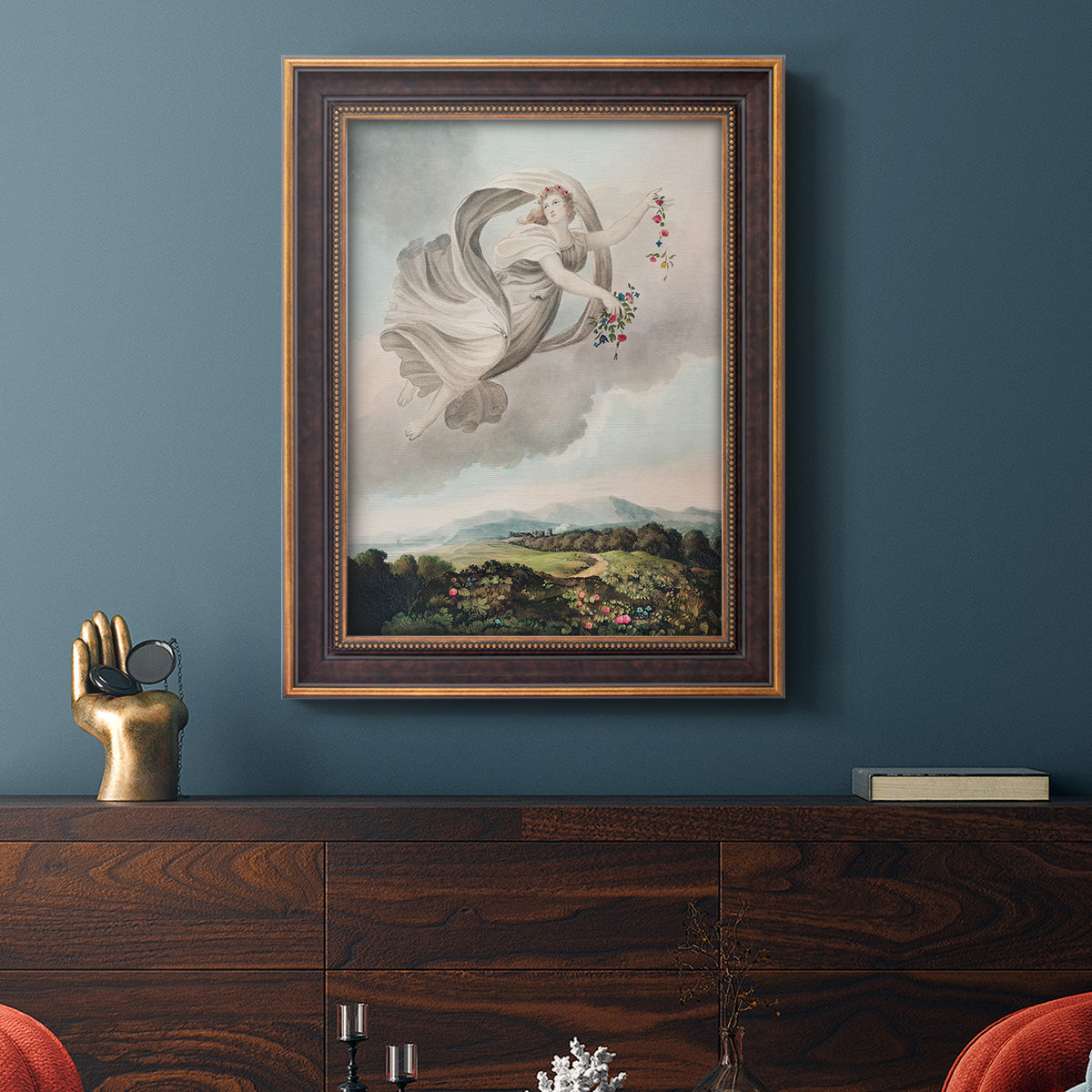 Classical allegorical depiction of the goddess Flora by Robert John Thornton in an ornate bronzed mahogany wood frame displayed in a dark-toned interior setting.