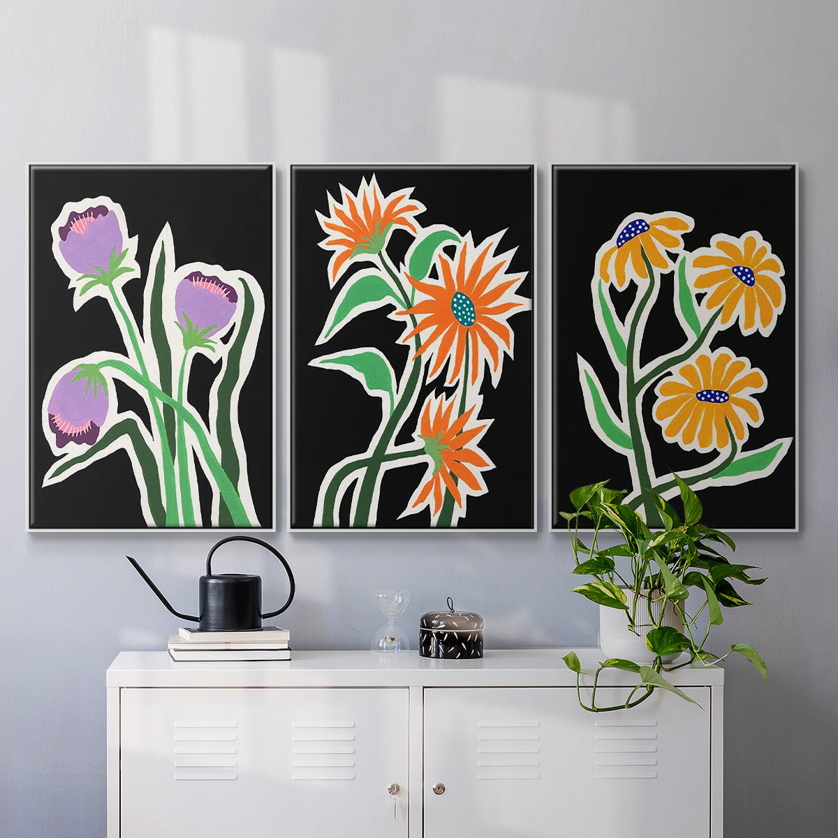 Pop Flowers I - Framed Premium Gallery Wrapped Canvas L Frame 3 Piece Set - Ready to Hang