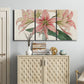Three-panel canvas wall art featuring vintage styled amaryllis floral study, displayed above a cabinet in an entryway.