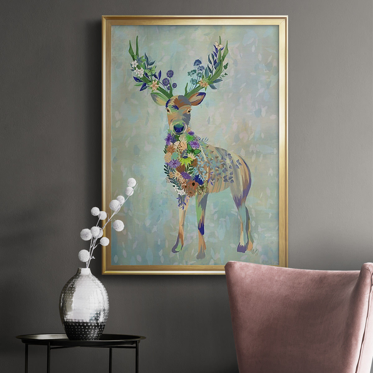 Fantastic Florals Deer, Full - Modern Framed Canvas Print