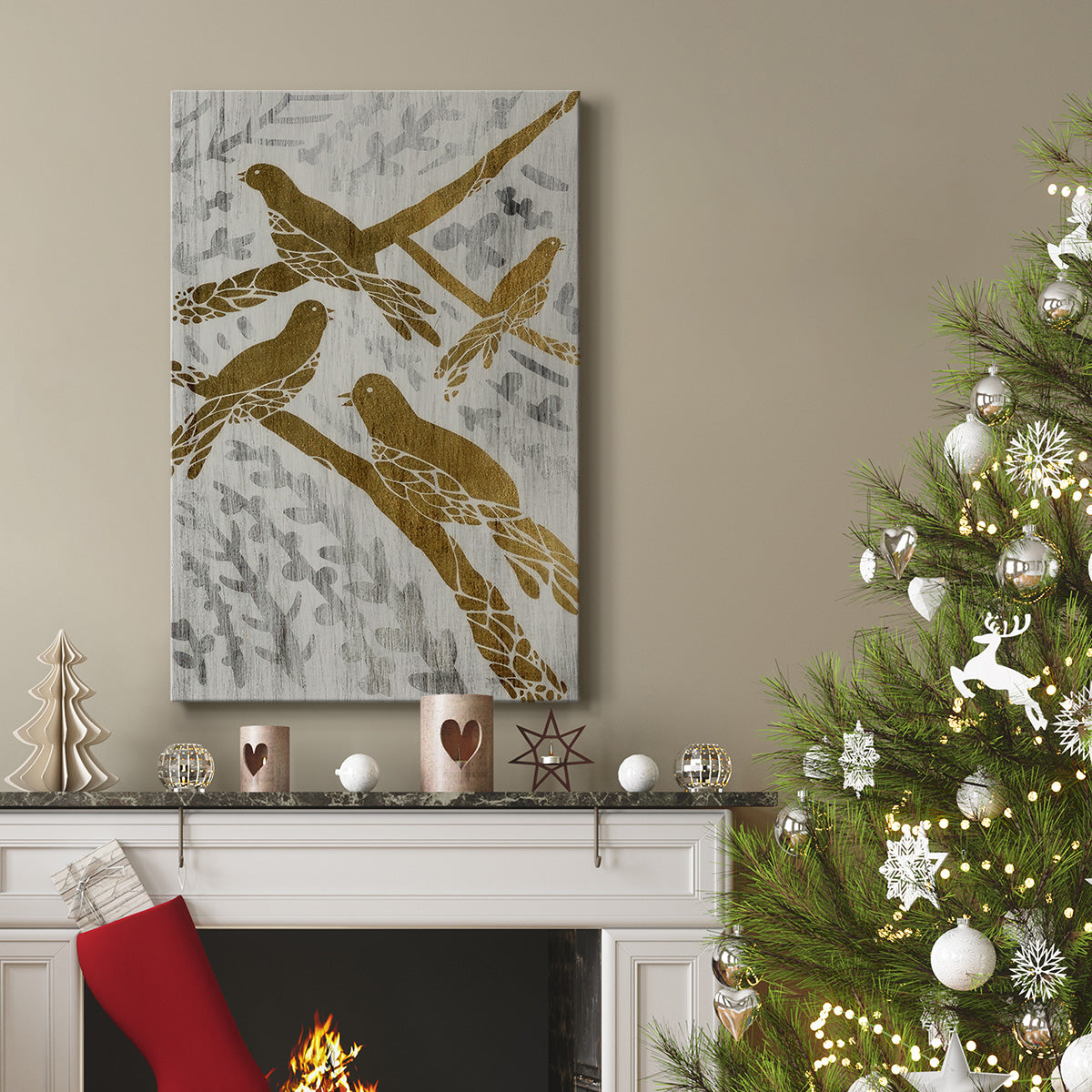 Four Calling Birds  - Gold Leaf Holiday - Gallery Wrapped Canvas