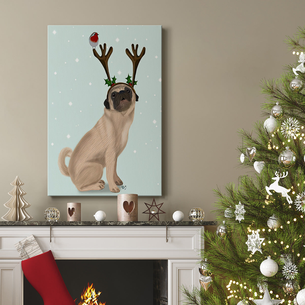 Christmas Pug with Antlers and Robin - Gallery Wrapped Canvas