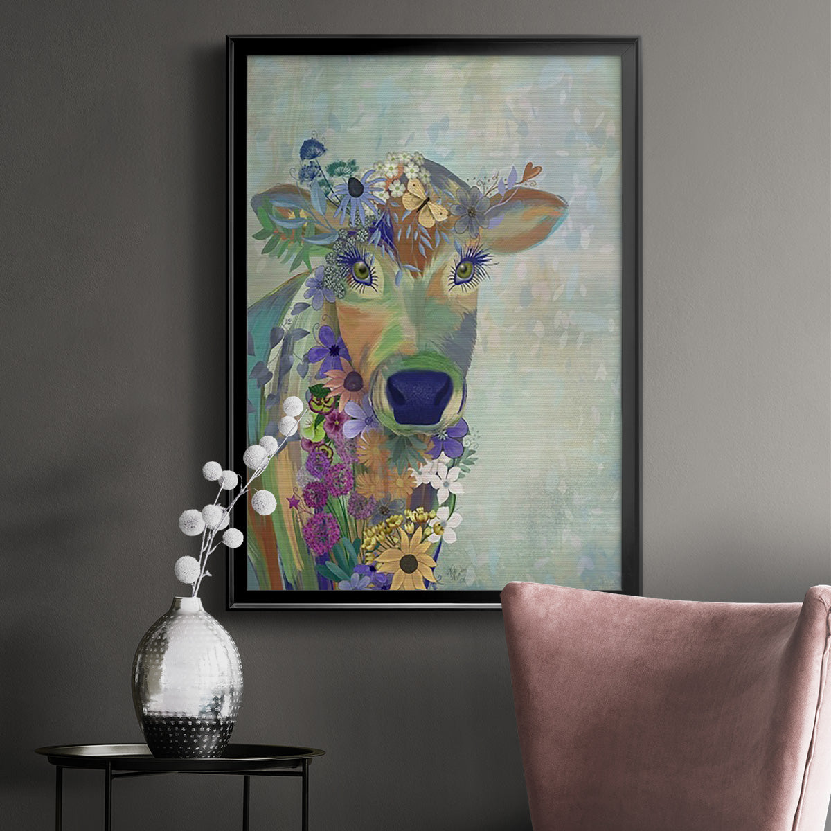 Fantastic Florals Cow - Modern Framed Canvas Print