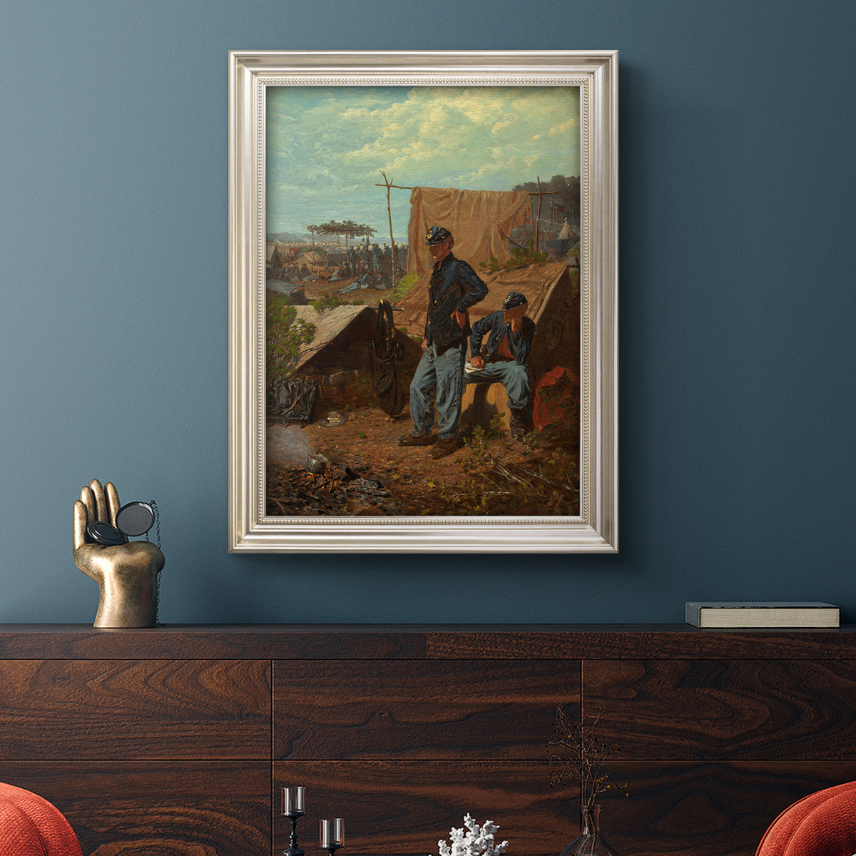American genre scene of domestic life by Winslow Homer in an ornate champagne frame displayed in a dark-toned interior setting.