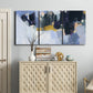 Three-panel canvas wall art featuring icy abstract arctic ledge, displayed above a cabinet in an entryway.