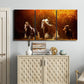 Three-panel canvas wall art featuring running horses across open field, displayed above a cabinet in an entryway.