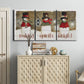 Three-panel canvas wall art featuring misty harbor sunrise with boats, displayed above a cabinet in an entryway.