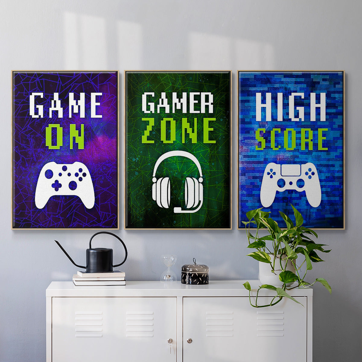 It's Game On I - Framed Premium Gallery Wrapped Canvas L Frame 3 Piece Set - Ready to Hang