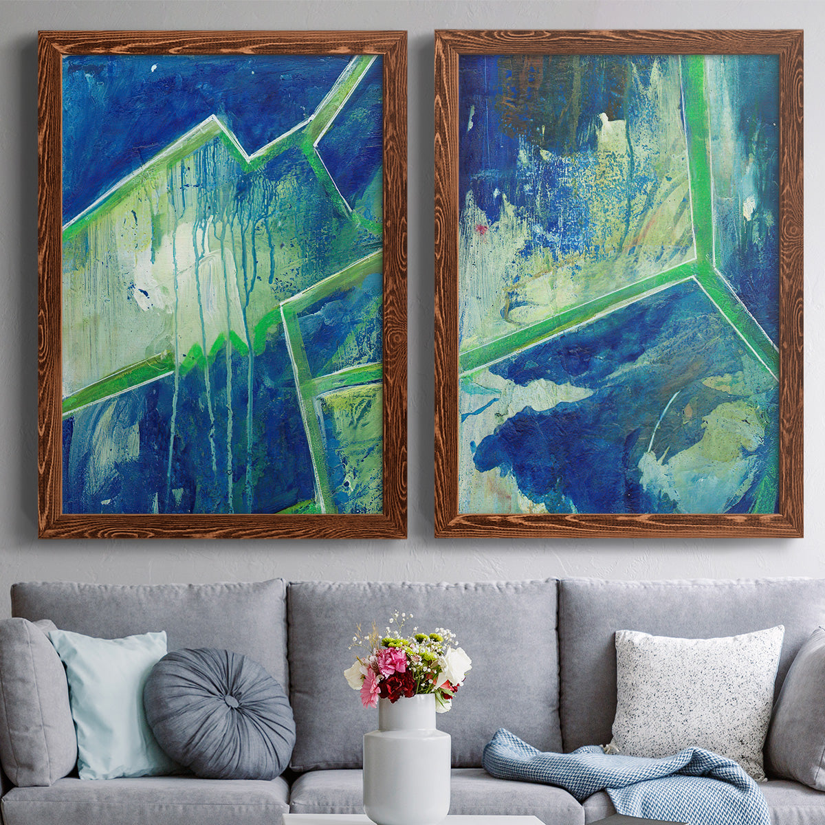 Geometric in Cool V - Premium Framed Canvas 2 Piece Set - Ready to Hang