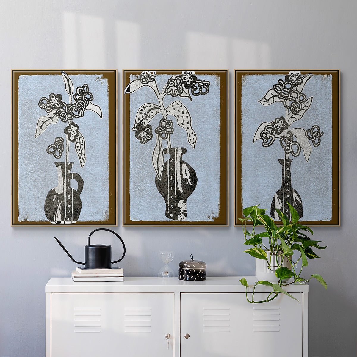 Graphic Flowers in Vase I - Framed Premium Gallery Wrapped Canvas L Frame 3 Piece Set - Ready to Hang