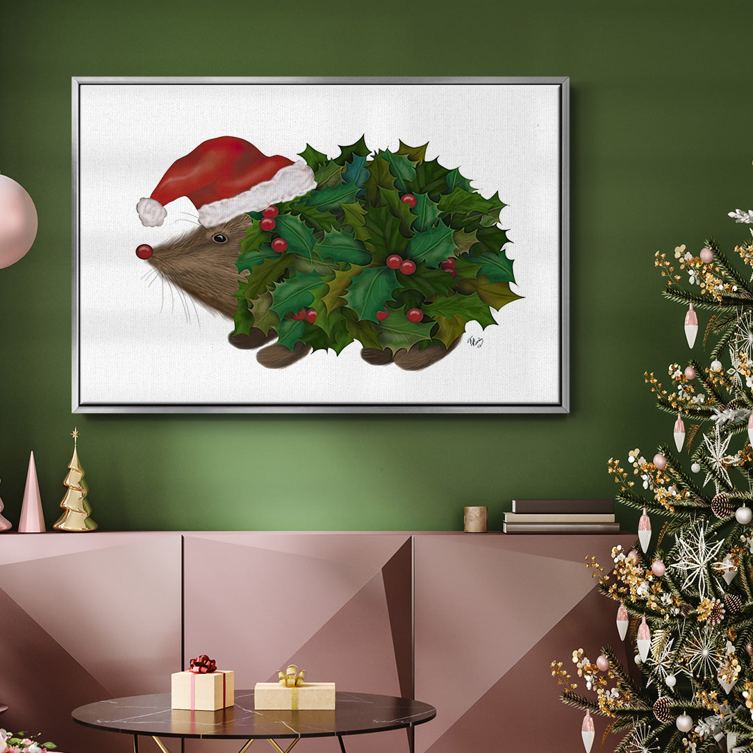 Christmas Holly Hedgehog - Framed Gallery Wrapped Canvas in Floating Frame