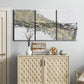 Three-panel canvas wall art featuring light modern abstract wind patterns, displayed above a cabinet in an entryway.