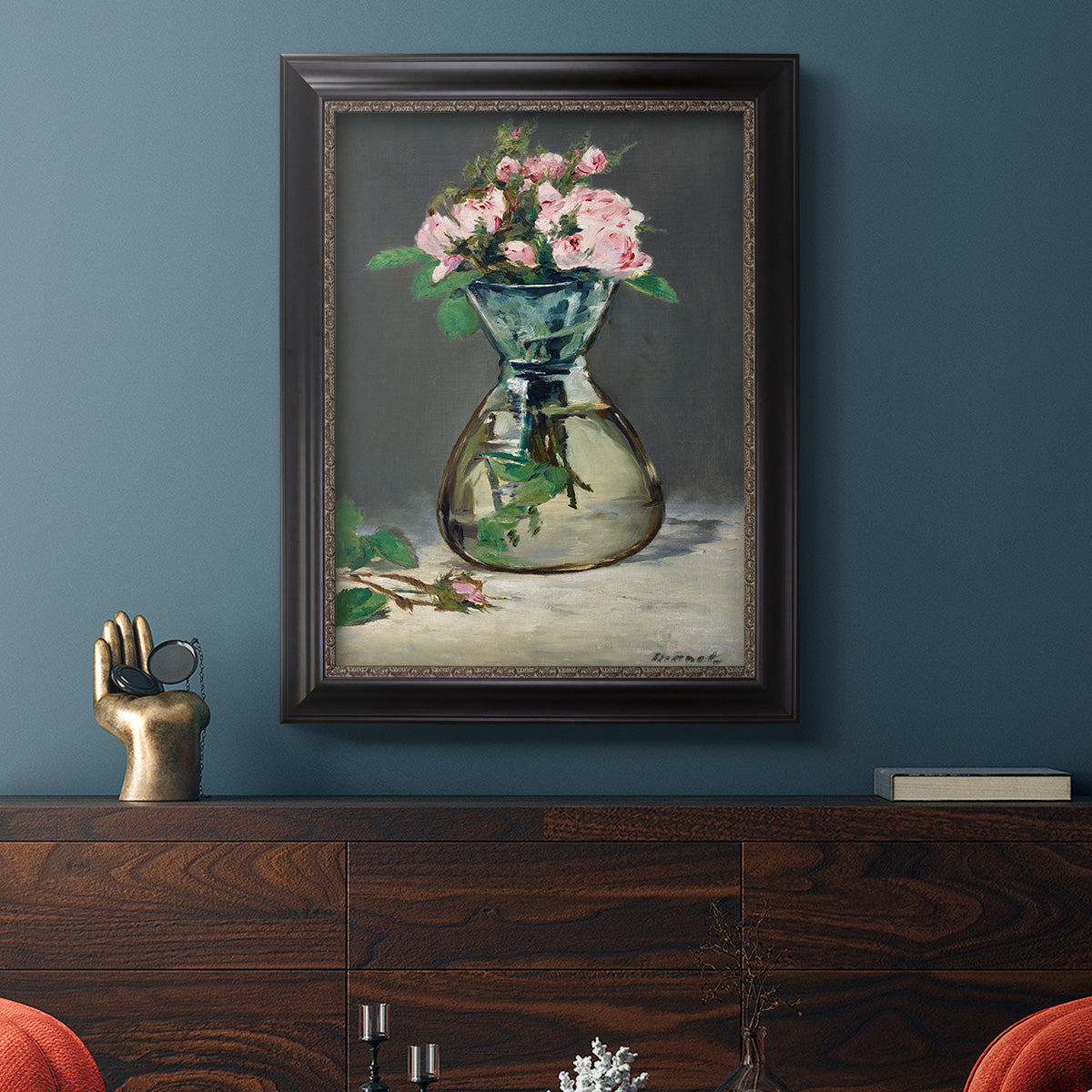 Moss Roses in a Vase - Ornate Framed Canvas Print
