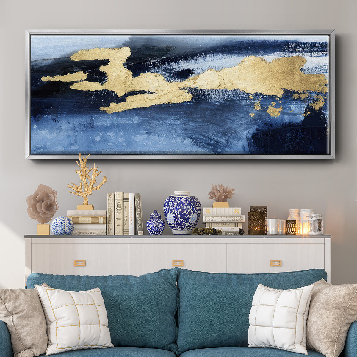 Gilded Indigo Sea I  - Floater Framed Canvas Print