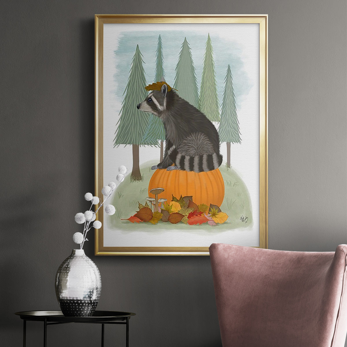 Raccoon On Pumpkin - Modern Framed Canvas Print