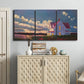 Three-panel canvas wall art featuring farmhouse scene before approaching storm, displayed above a cabinet in an entryway.