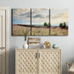 Three-panel canvas wall art featuring wildflowers across tuscan landscape, displayed above a cabinet in an entryway.