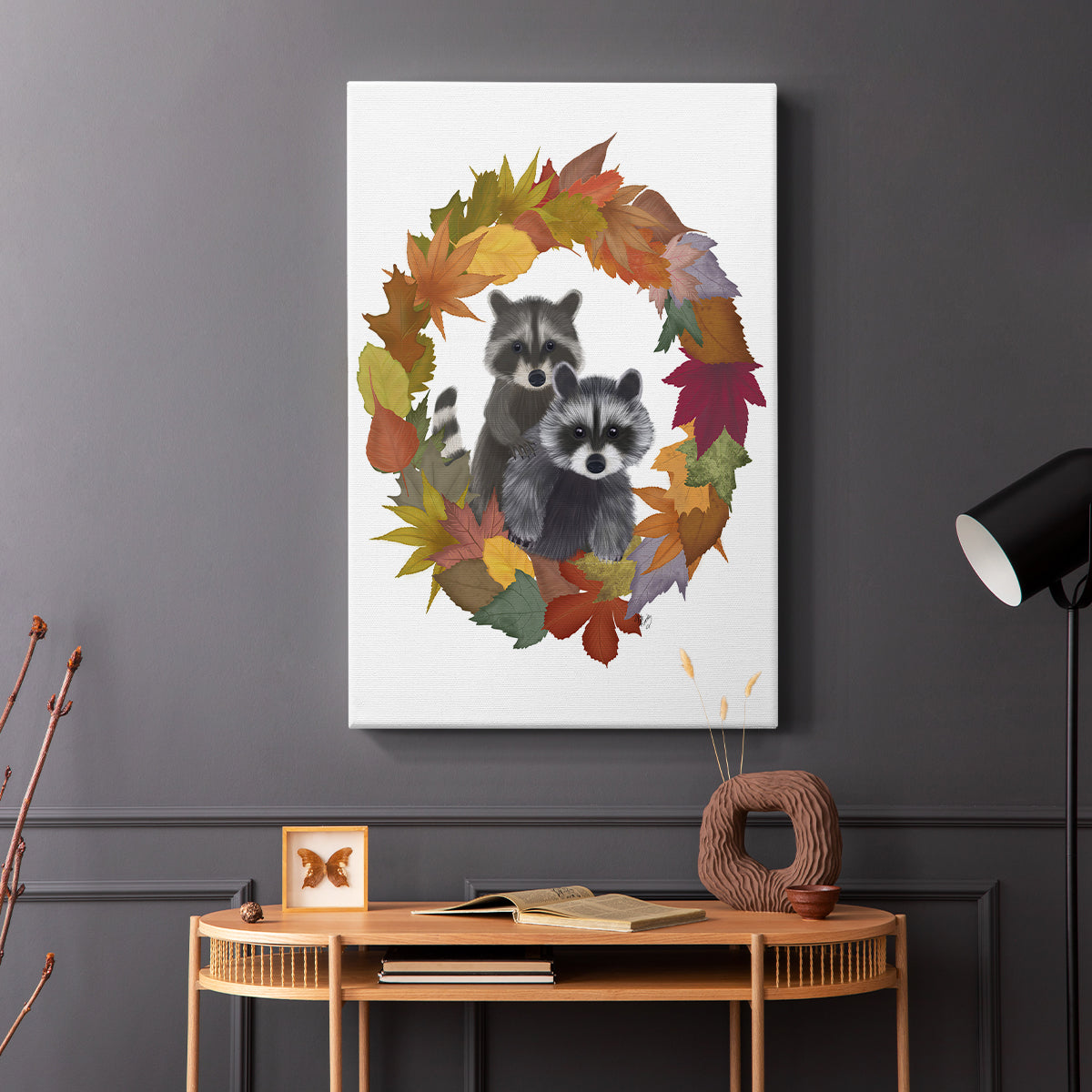 Raccoons Autumn Leaf Wreath - Canvas Art Print