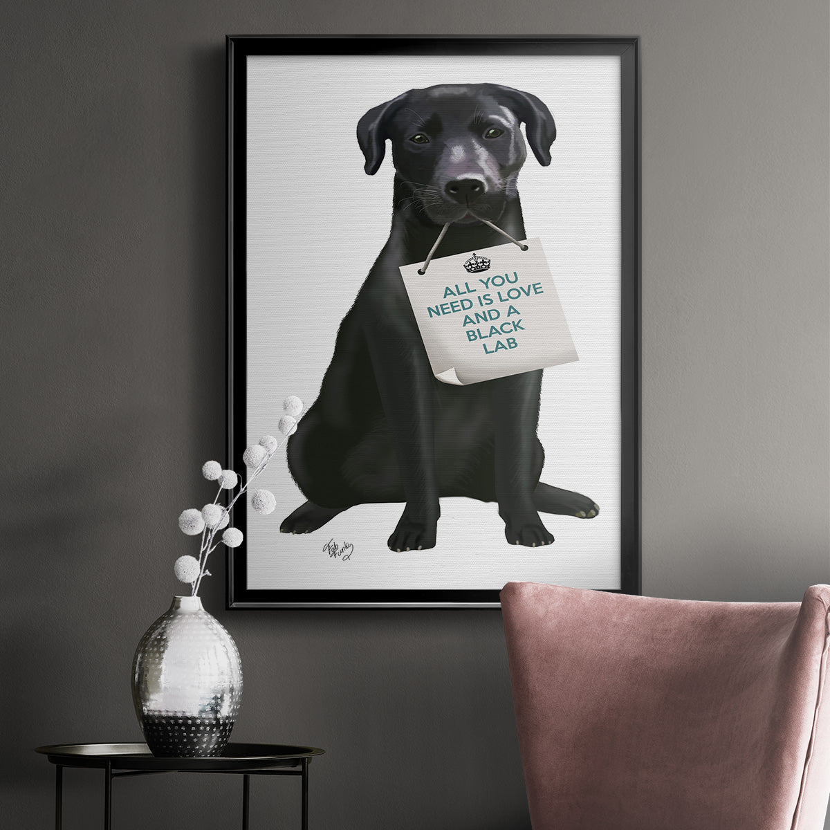 Love and Black Labrador - Modern Framed Canvas Print