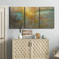 Three-panel canvas wall art featuring muted abstract river inspired tones, displayed above a cabinet in an entryway.